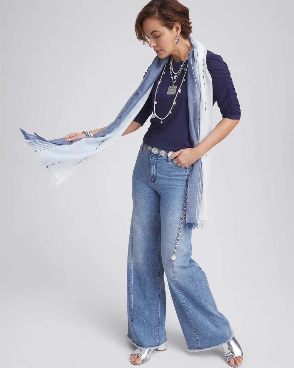 Chico's Ruched Sleeve Knit Tee PASSPORT BLUE