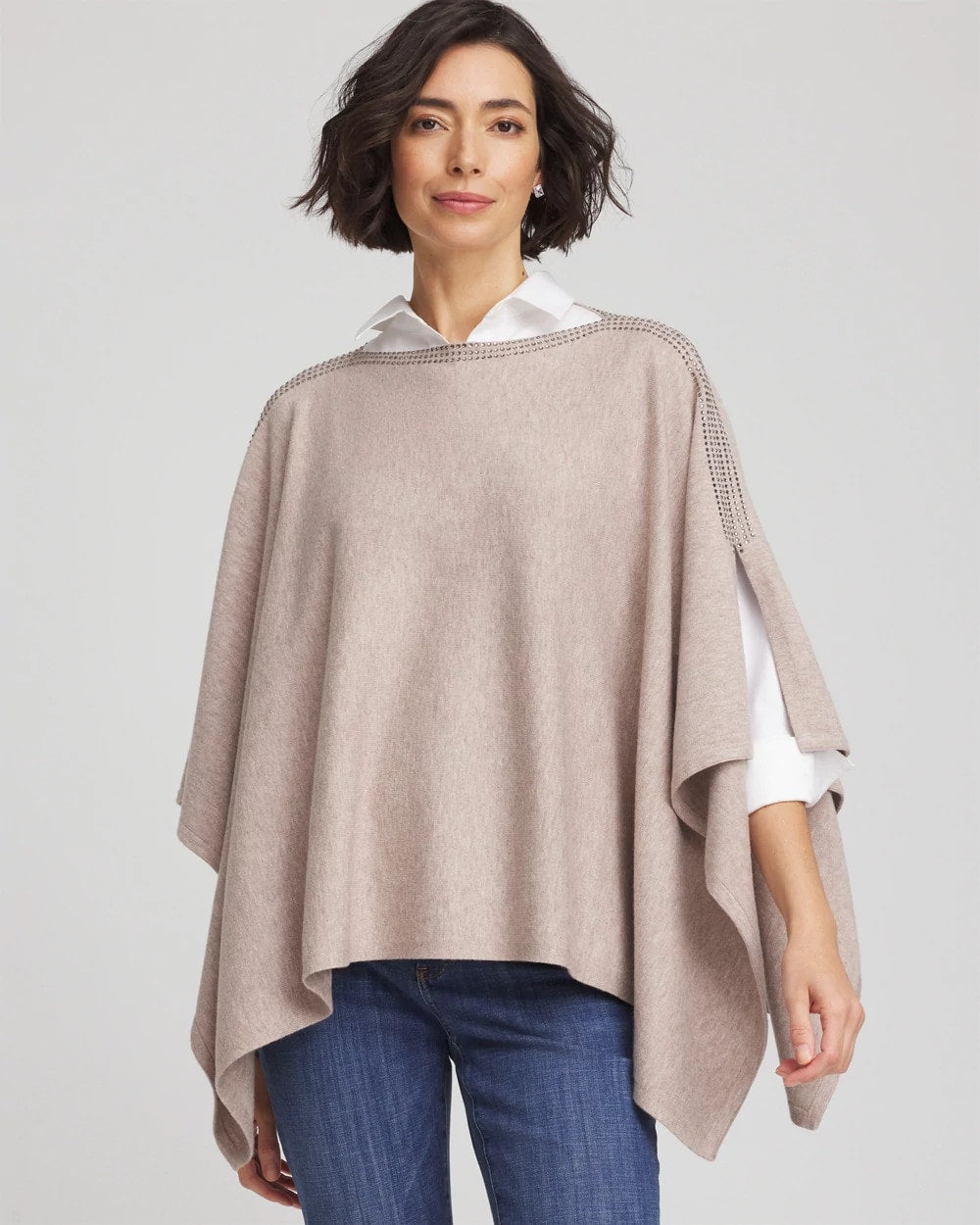 Chico's Rhinestone Embellished Poncho LIGHT TAUPE HEATHER