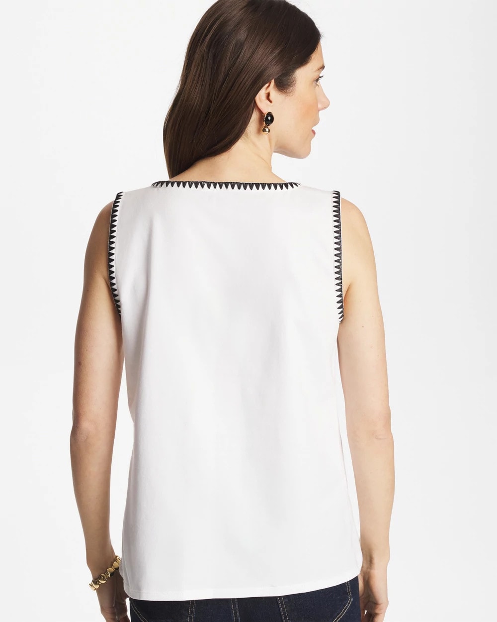Chico's Pima Blanket Stitch Square Neck Tank ALABASTER