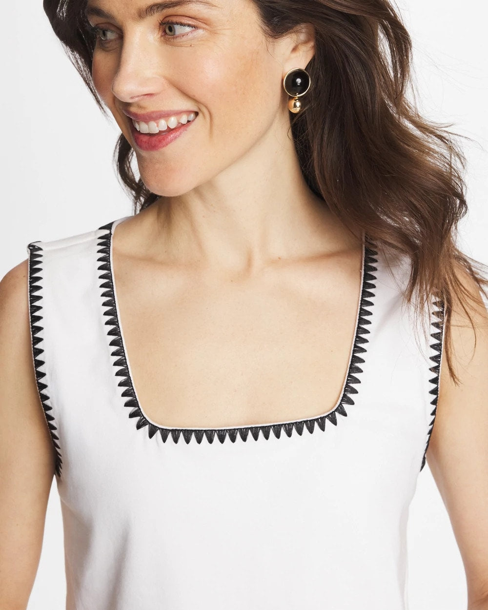Chico's Pima Blanket Stitch Square Neck Tank ALABASTER