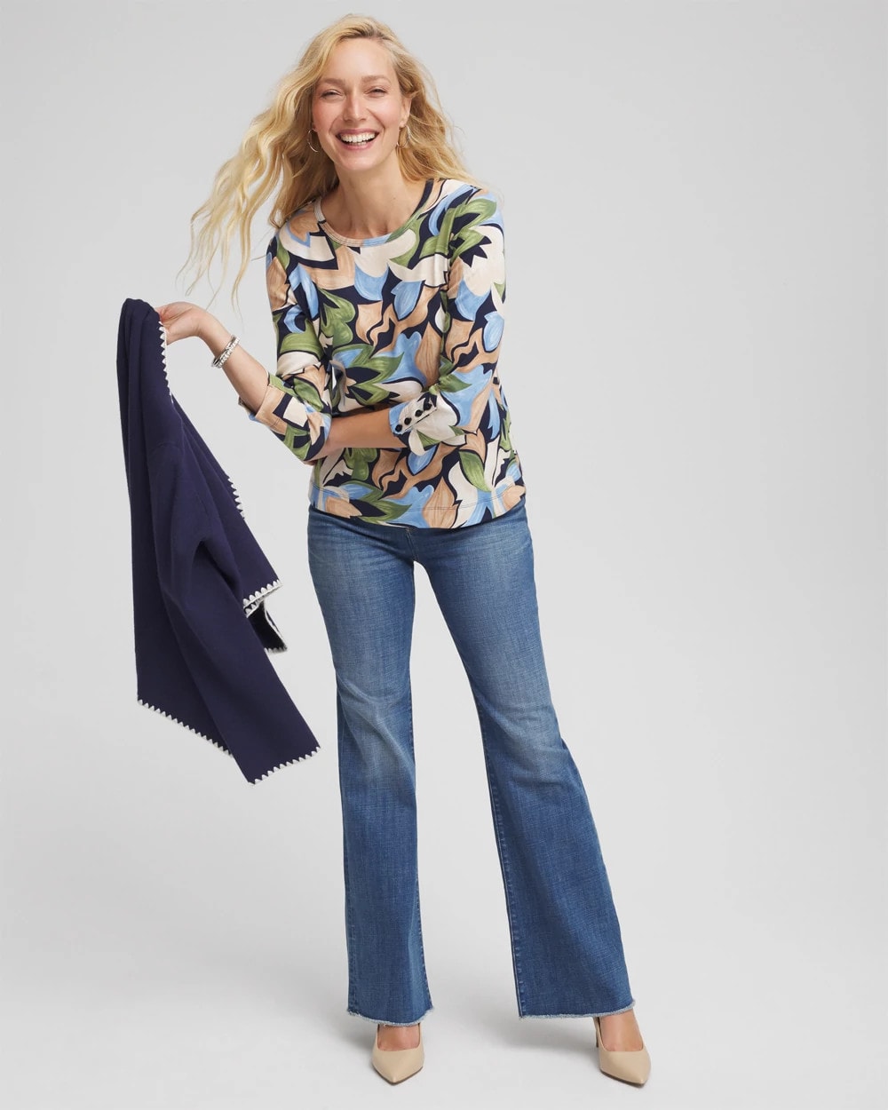 Chico's Mod Blooms Pima Button Tee PASSPORT BLUE