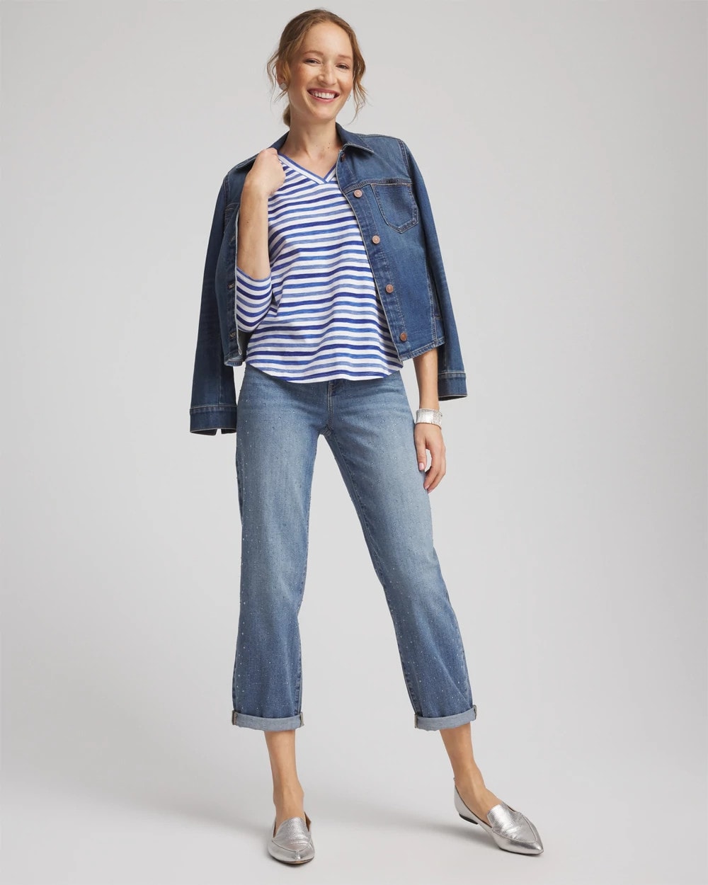 Chico's Slub 3/4 Sleeve Tee BLUE PEARL