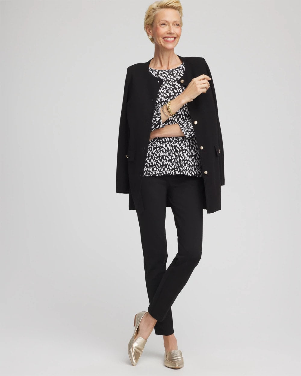 Chico's Pima Crewneck Button Tee BLACK