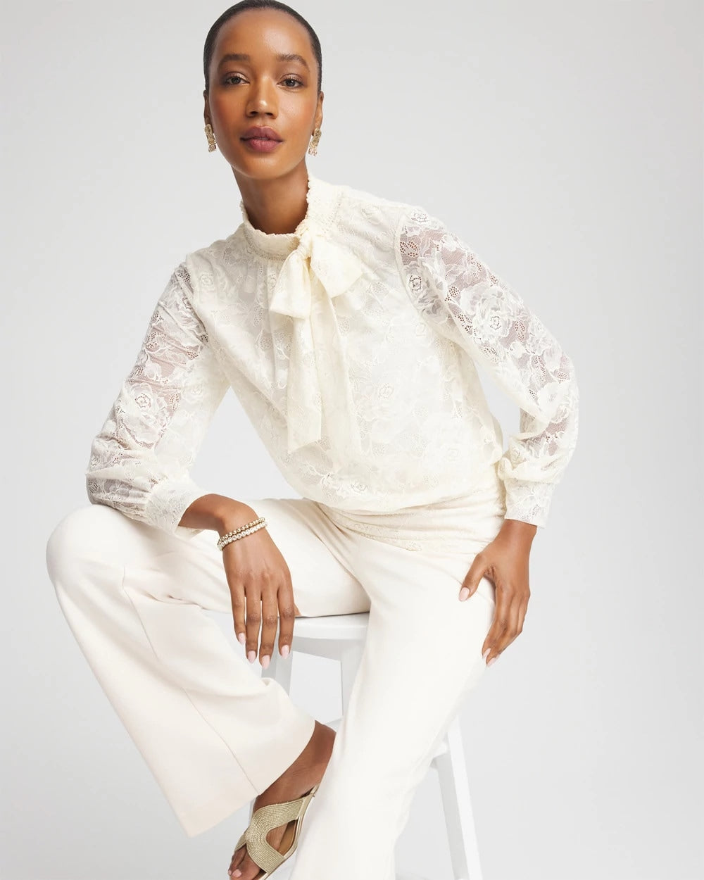 Chico's Tie-Neck Banded-Bottom Top ENGLISH CREAM