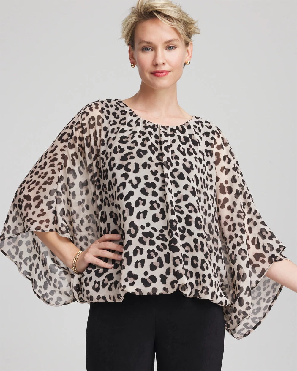 Chico's Travelers™ Animal-Print Bubble-Hem Chiffon Blouse DEEP TAUPE