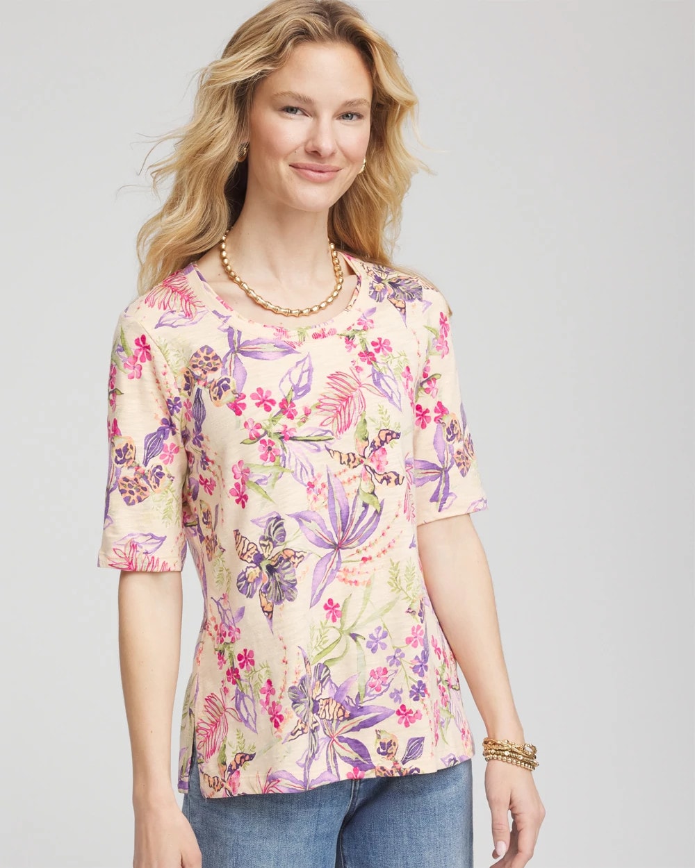 Chico's Tropical Floral Elbow-Sleeve Tee SUNSET PEACH