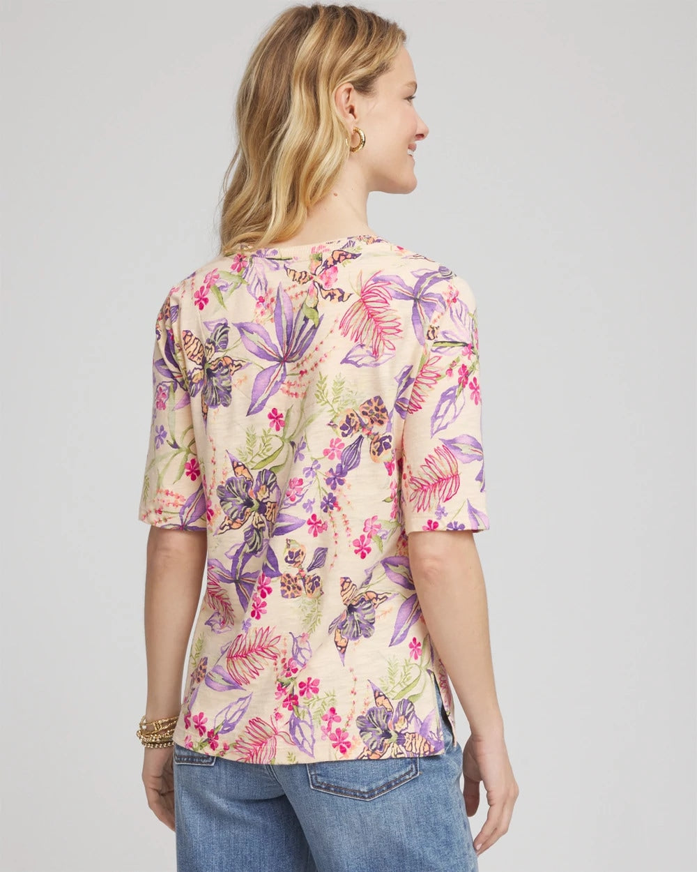 Chico's Tropical Floral Elbow-Sleeve Tee SUNSET PEACH