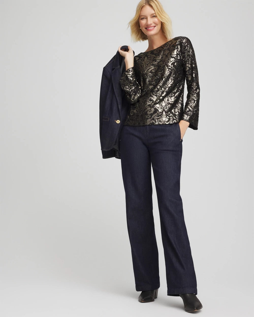 Chico's Art Deco Burnout Jacquard Top BLACK