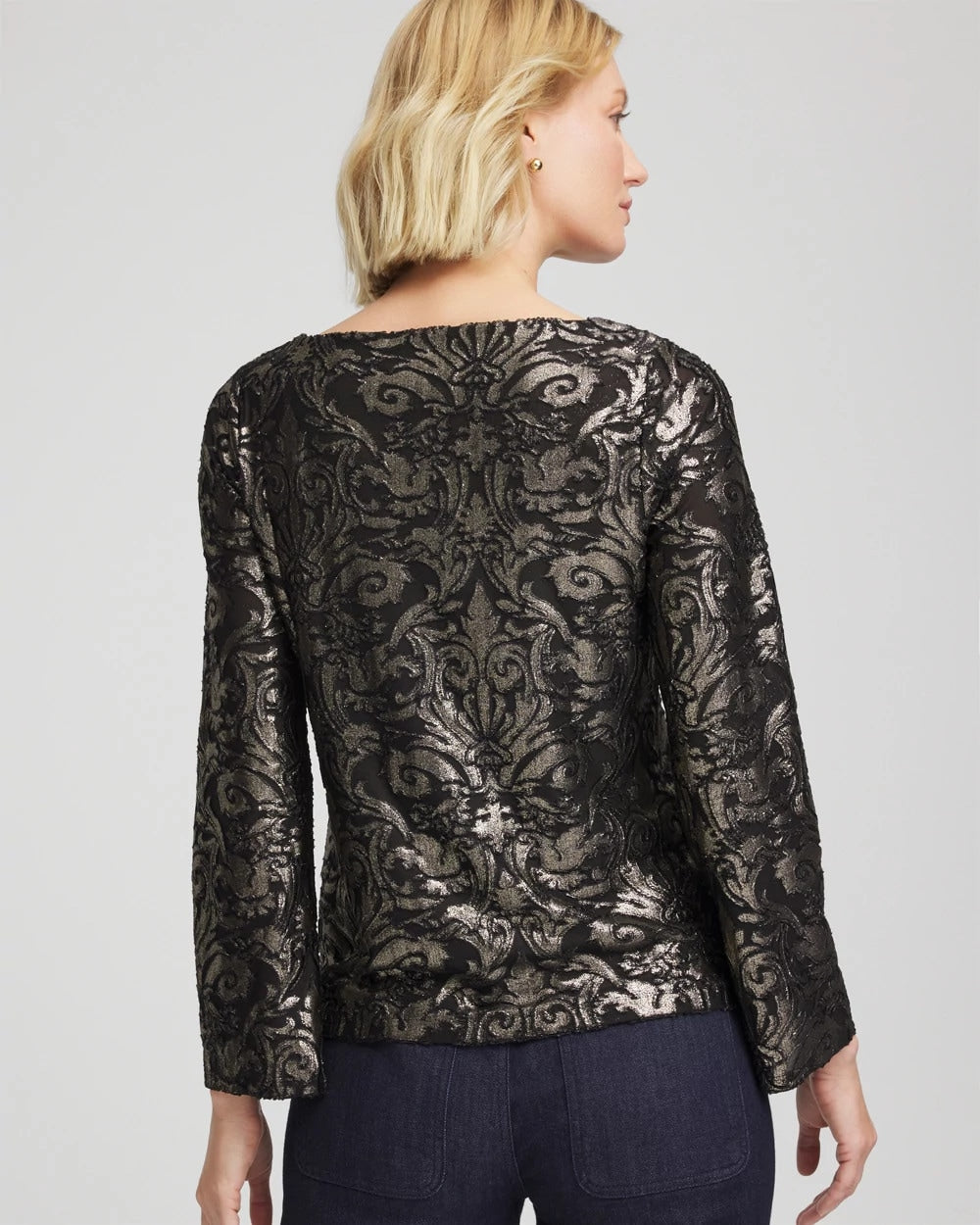 Chico's Art Deco Burnout Jacquard Top BLACK