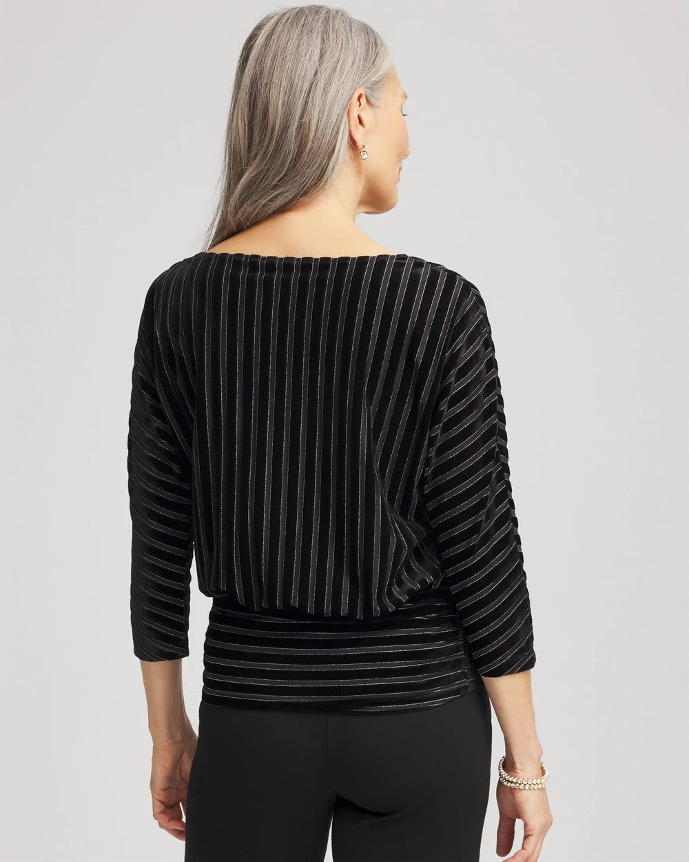 Chico's Velvet Burnout Stripe Banded-Bottom Top BLACK