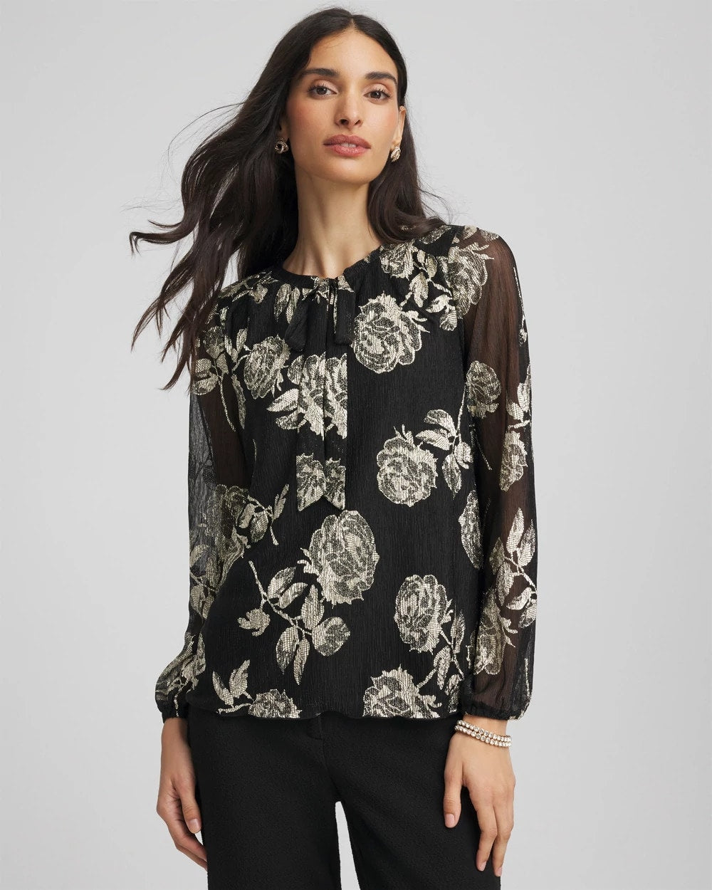 Chico's Floral Metallic Bodre Top BLACK