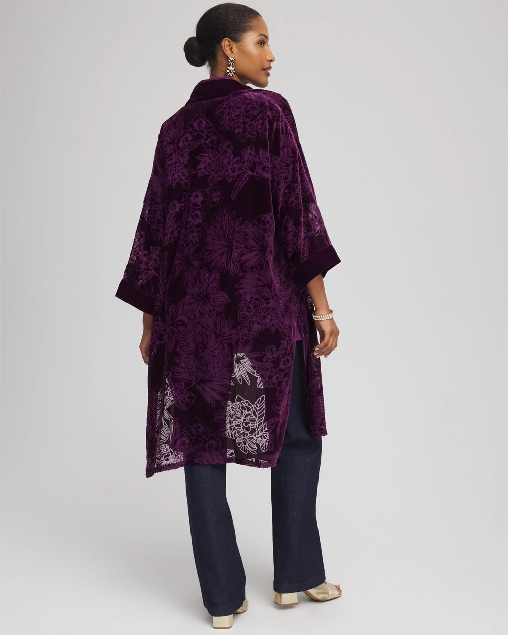 Chico's Floral Burnout Kimono PURPLE ROYALE