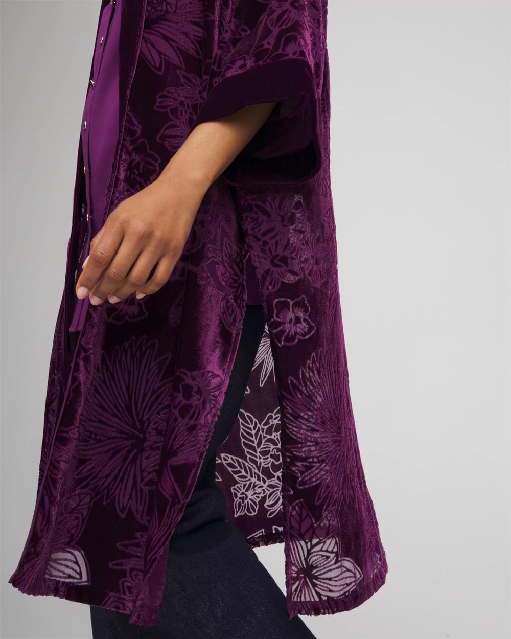 Chico's Floral Burnout Kimono PURPLE ROYALE