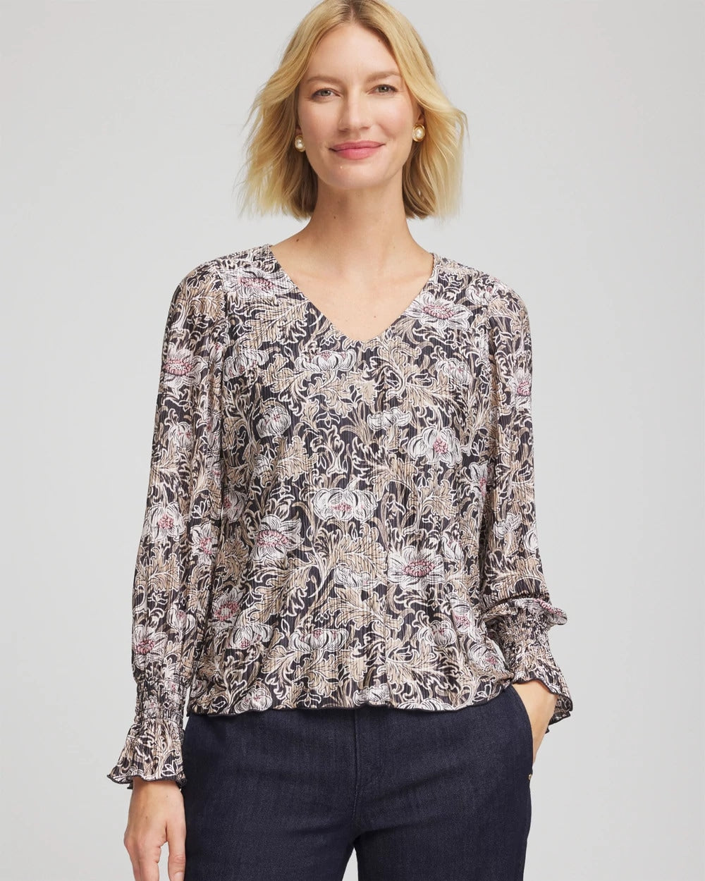 Chico's Bloom Crinkle Bodre Top GRAPHITE GRAY