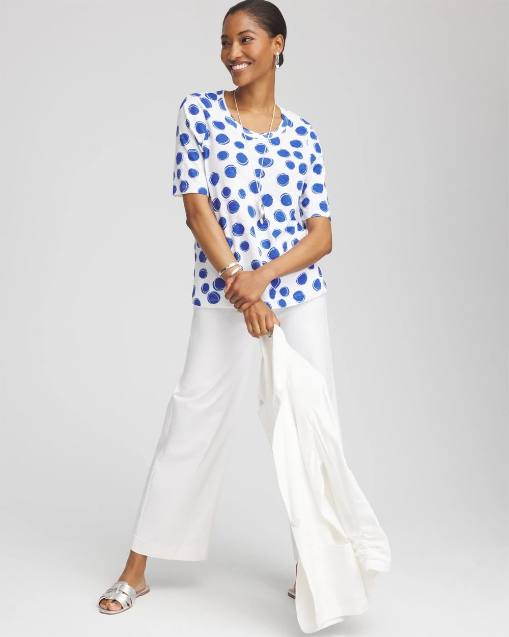 Chico's Polka-Dot Slub Short Sleeve Tee ALABASTER