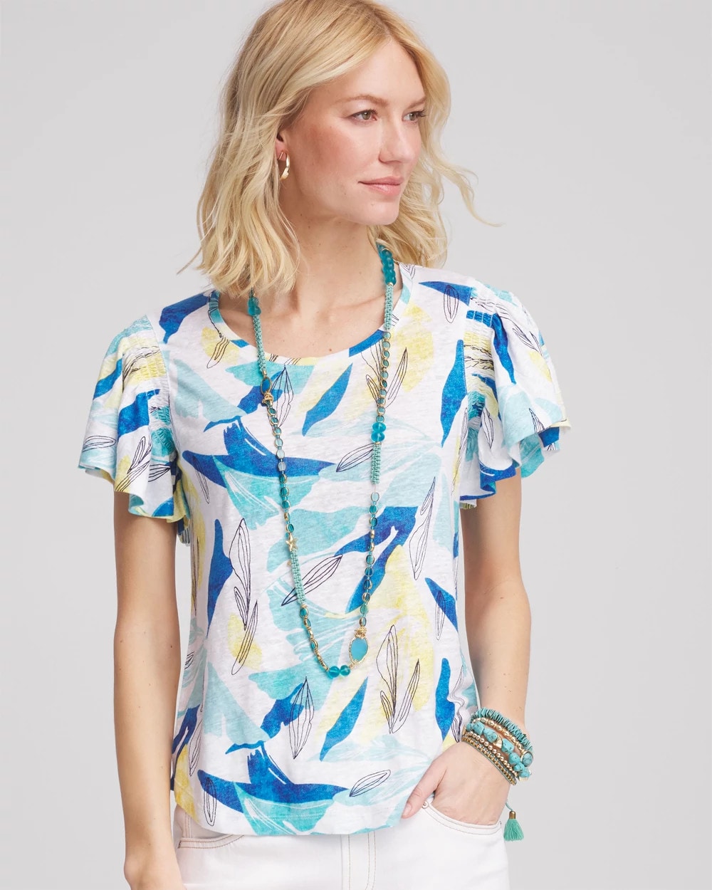 Chico's Linen Smocked Flutter-Sleeved Tee ALABASTER