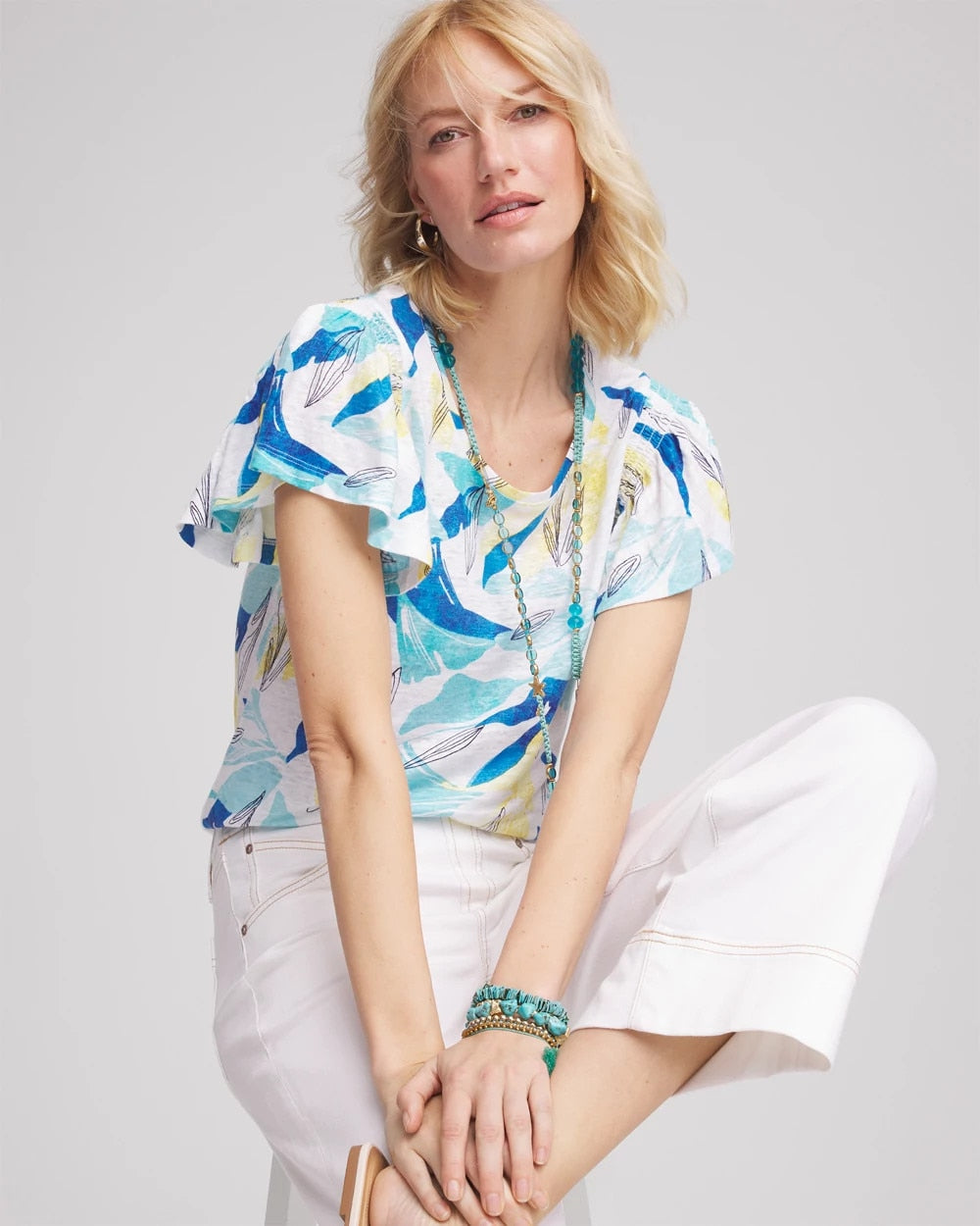 Chico's Linen Smocked Flutter-Sleeved Tee ALABASTER