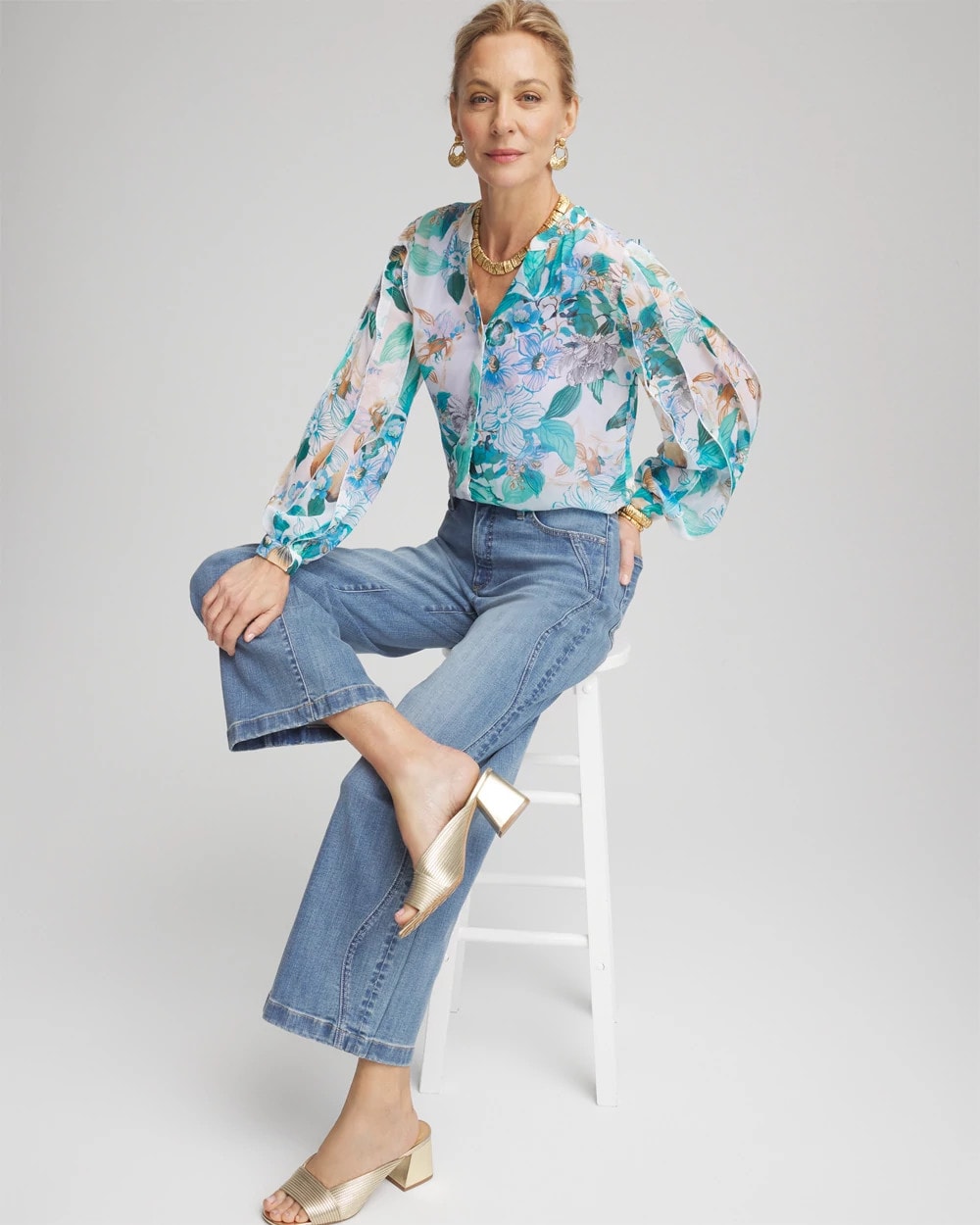 Chico's Georgette Billow Sleeved Blouse PARADISO BLUE