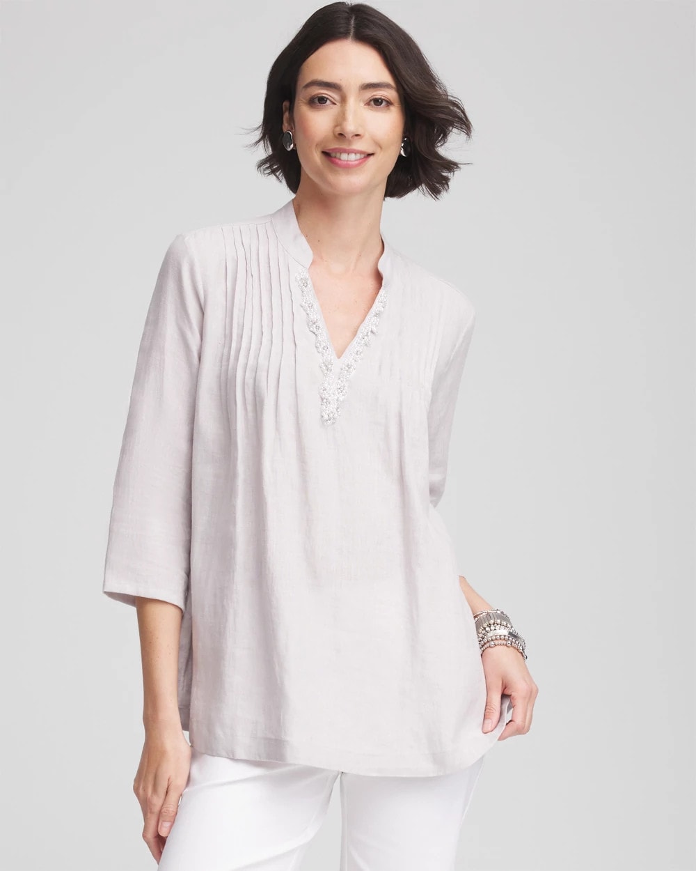 Chico's Embellished Linen Kurta Tunic DOVE GRAY
