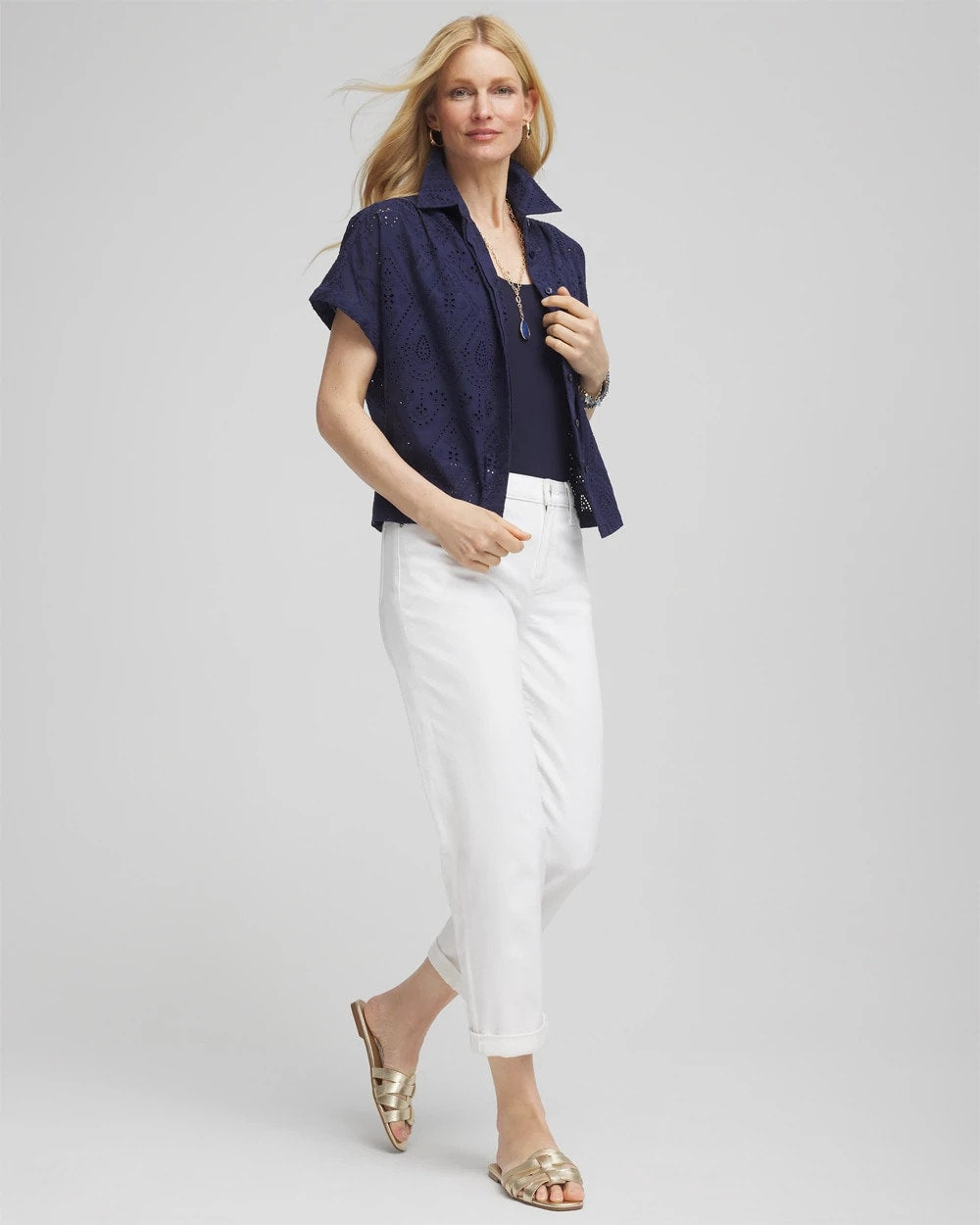 Chico's Embroidered Eyelet Button-down Top PASSPORT BLUE