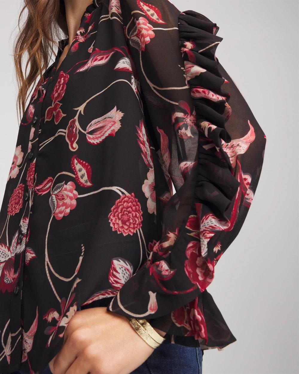 Chico's Georgette Celtic Blooms Blouse BLACK