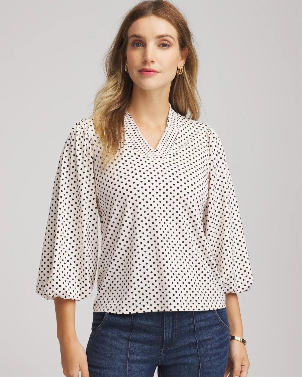 Chico's Bubble-Sleeve Smocked Top ENGLISH CREAM