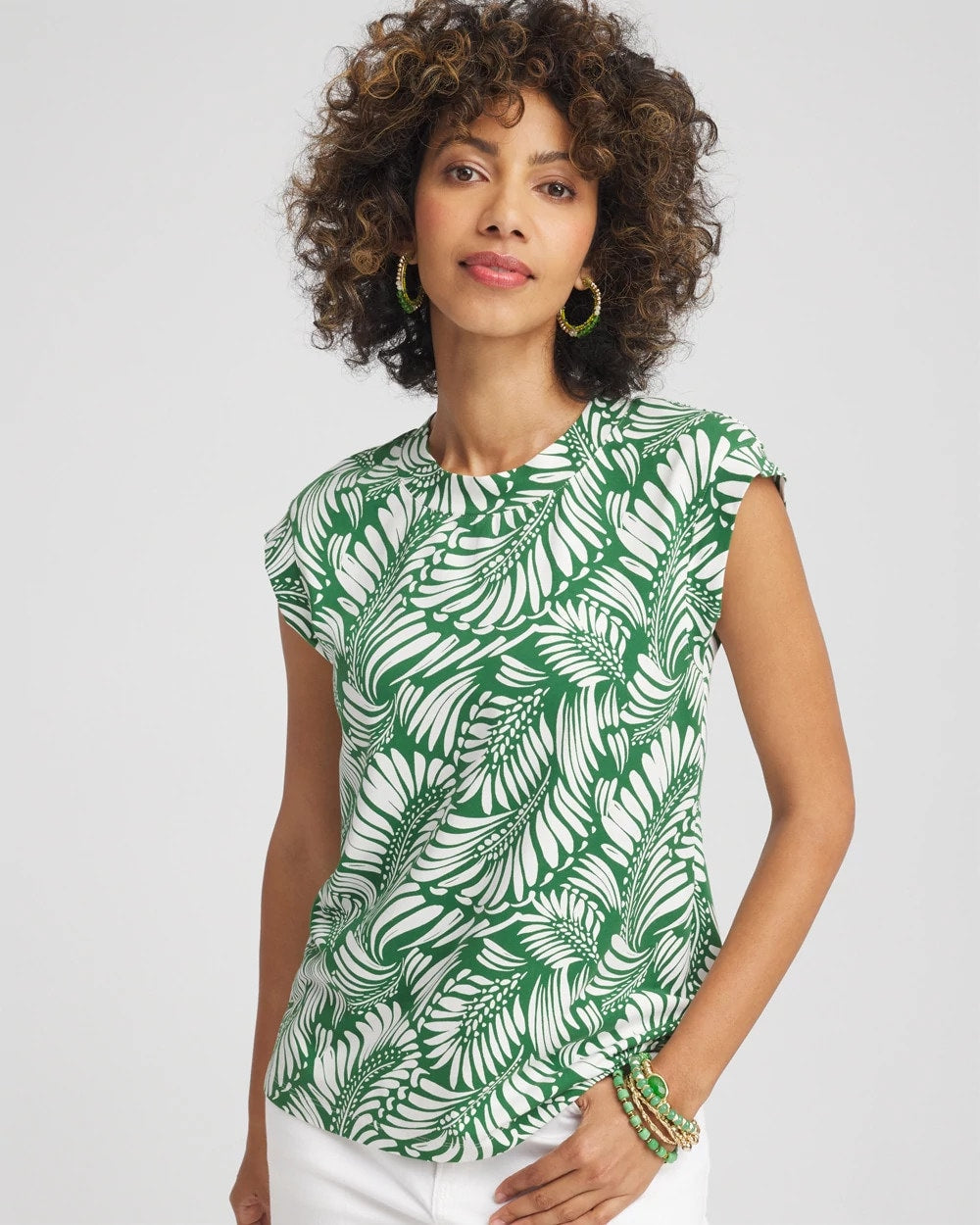 Chico's Palm-Frond-Print Cap-Sleeve Top PALM LEAF