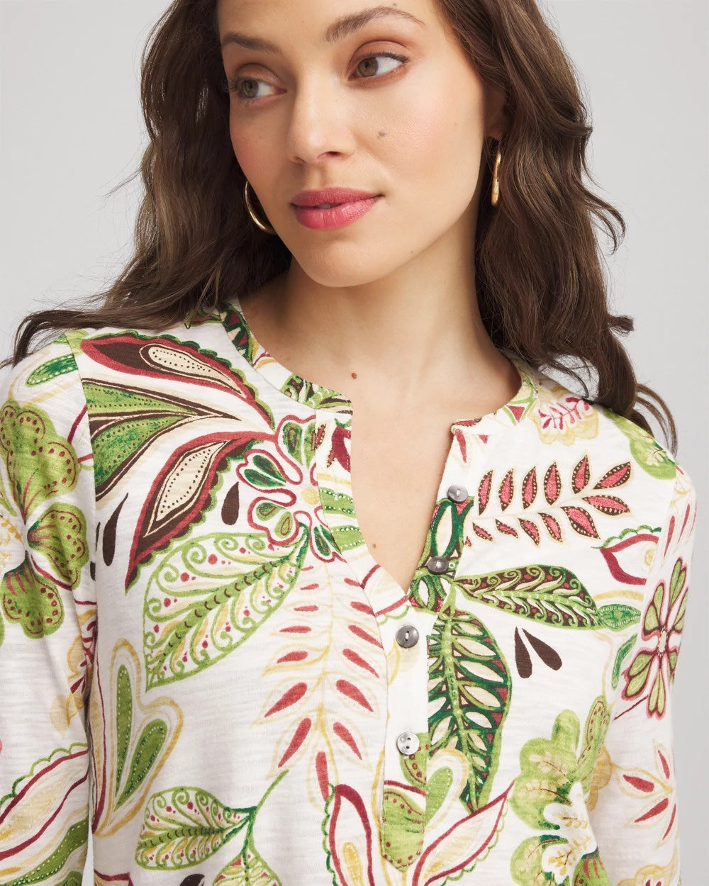 Chico's Tropical Cotton Slub Henley Shirt ECRU