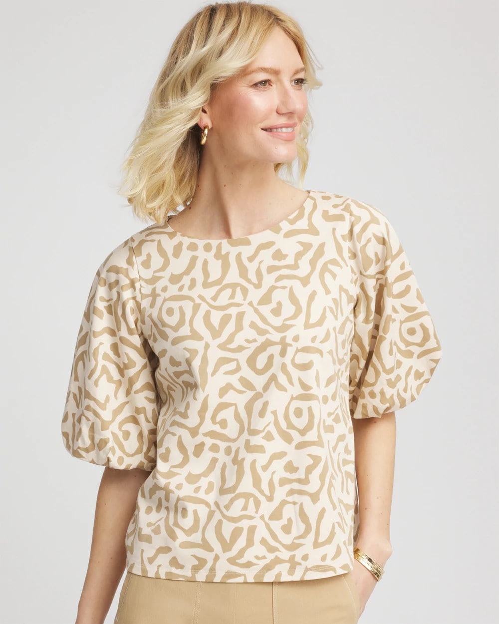 Chico's Animal Print Bubble Sleeve Top GLISTENING SAND