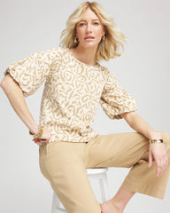 Chico's Animal Print Bubble Sleeve Top GLISTENING SAND