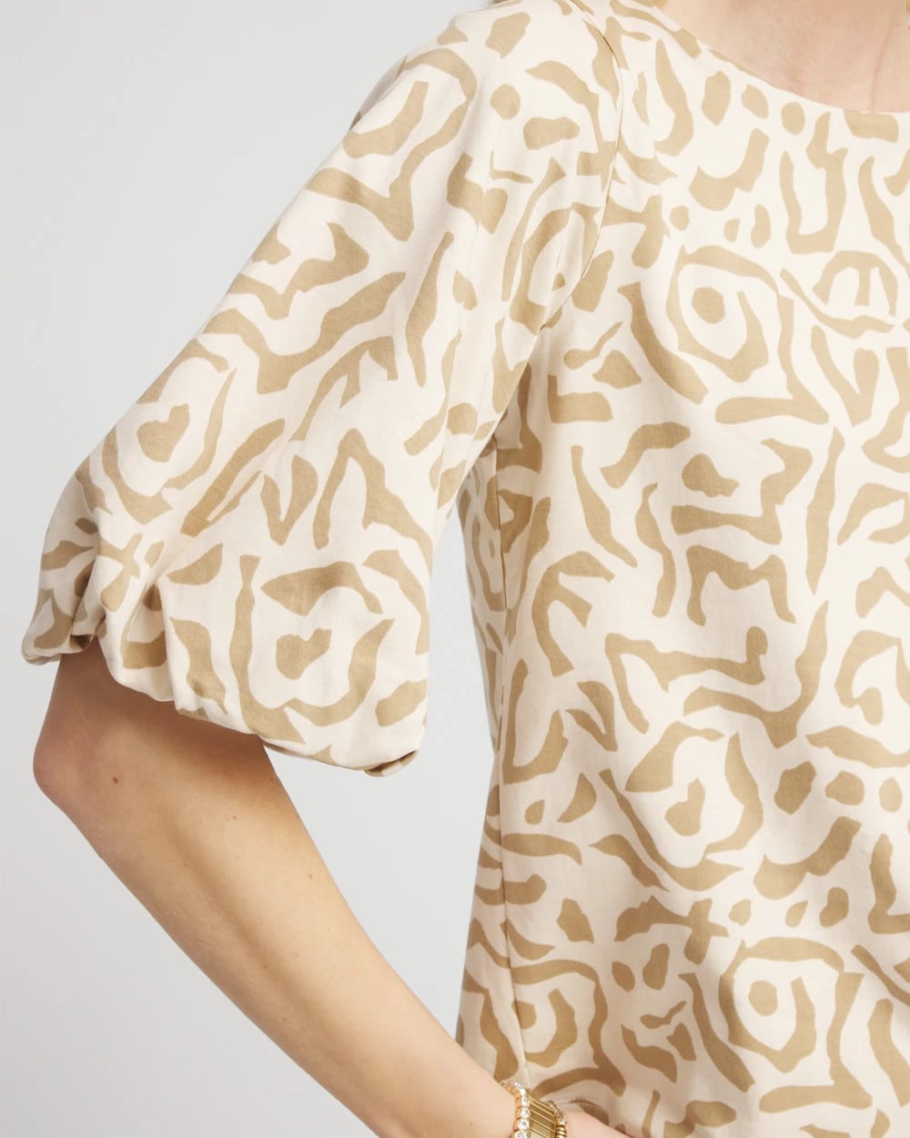 Chico's Animal Print Bubble Sleeve Top GLISTENING SAND