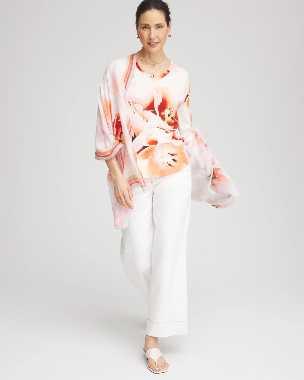 Chico's Tropical Floral 3/4 Sleeve Tee ORANGE TANGO