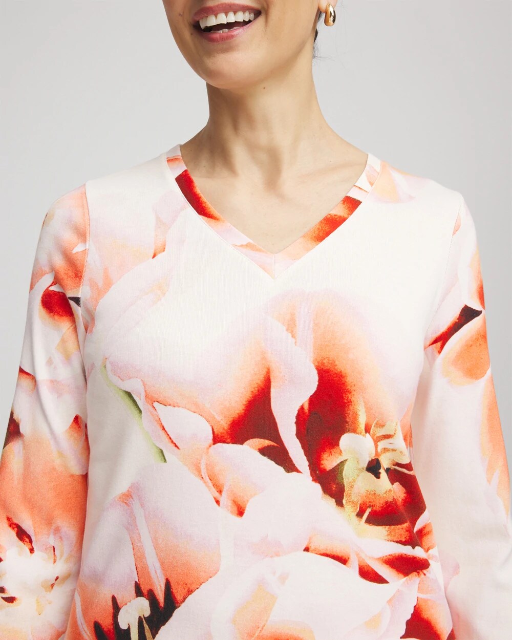 Chico's Tropical Floral 3/4 Sleeve Tee ORANGE TANGO