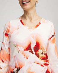 Chico's Tropical Floral 3/4 Sleeve Tee ORANGE TANGO