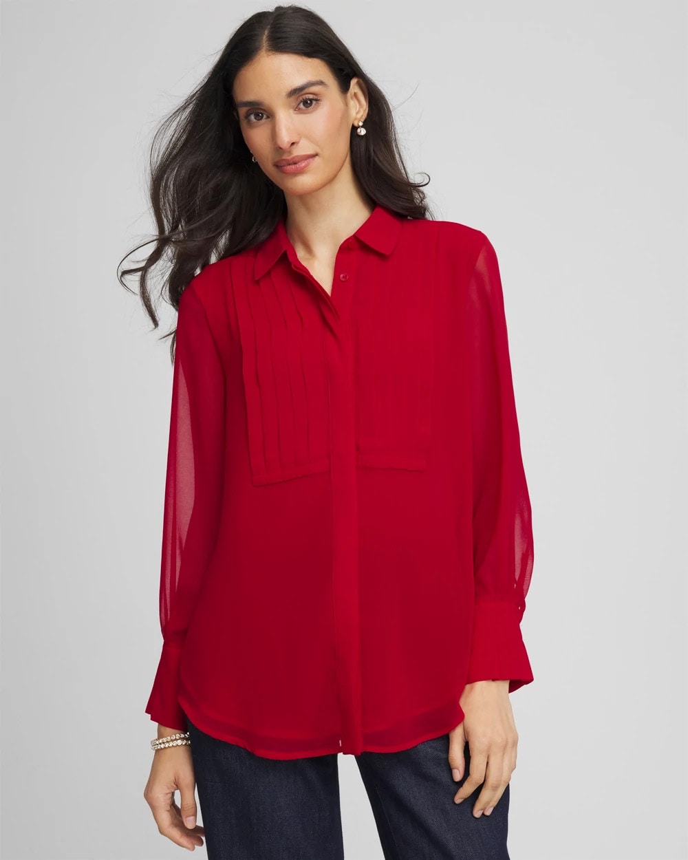 Chico's Pintuck Georgette Tunic CARMINE RED
