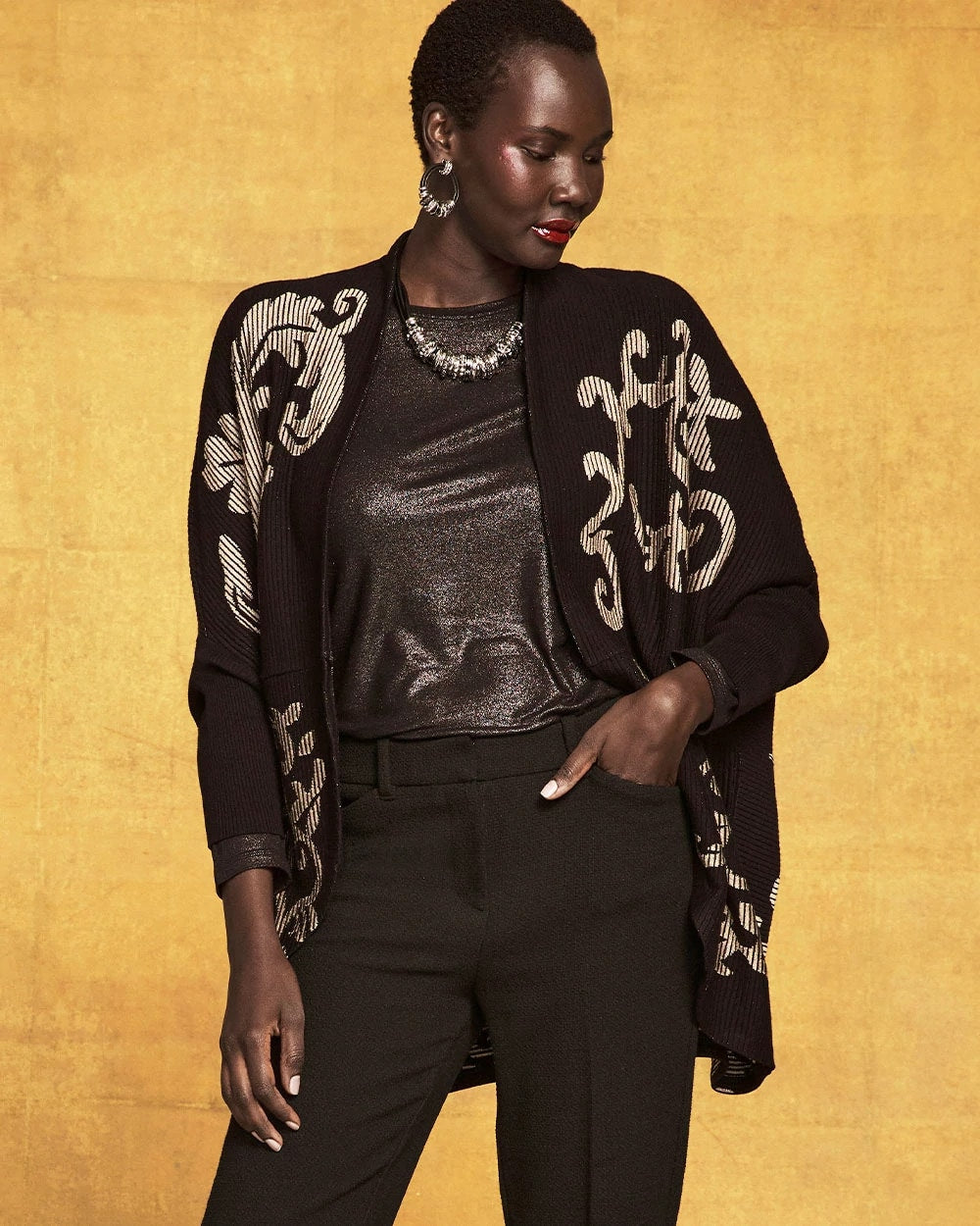 Chico's Ottoman Jacquard Cocoon Cardigan BLACK