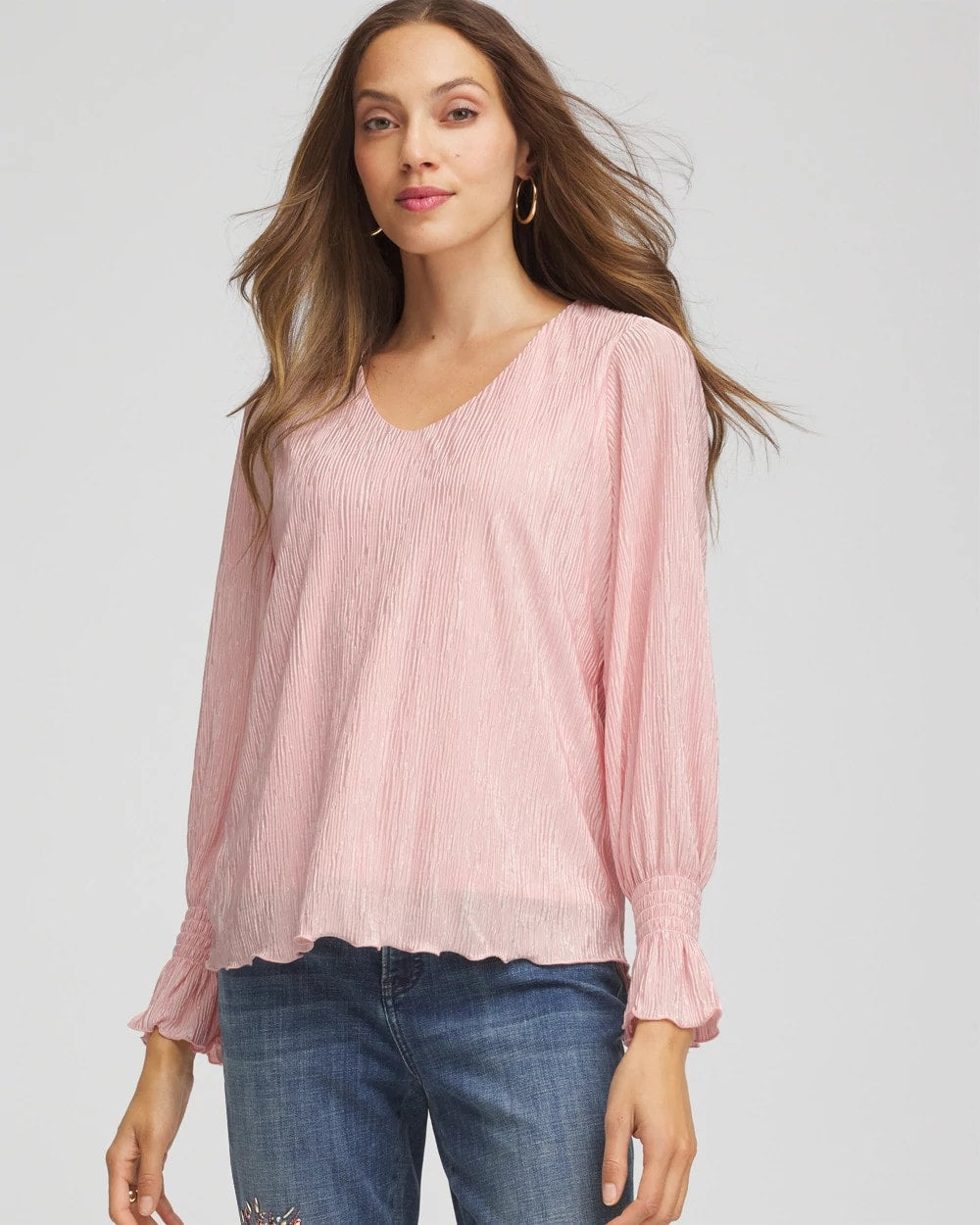 Chico's Crinkle Bodre Voop Neck Top BLUSHED