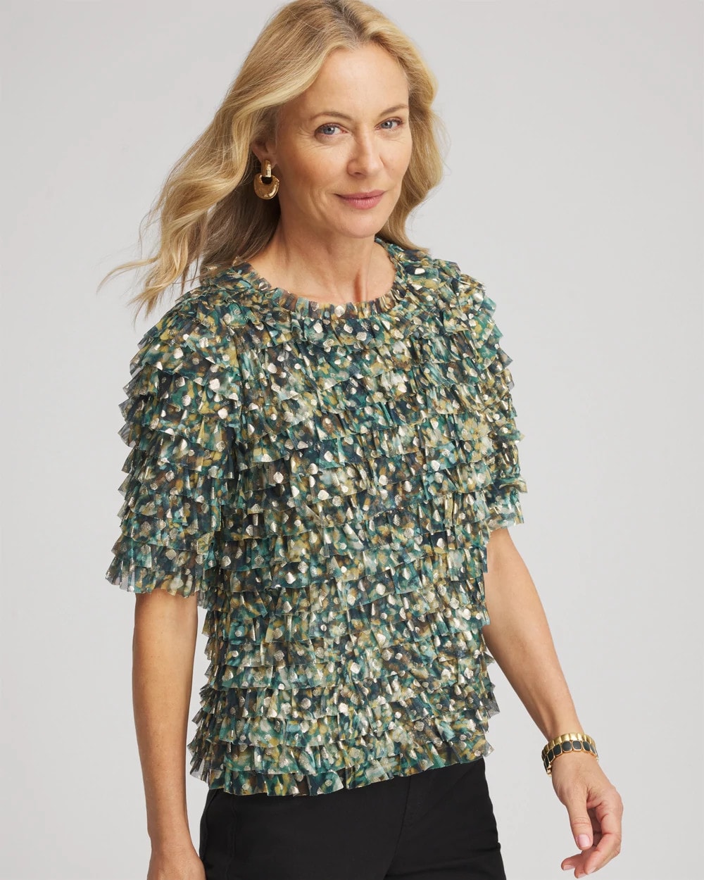 Chico's Foiled Mesh Ruffle Crop Tee DARKEST SPRUCE
