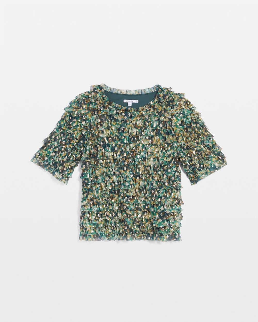 Chico's Foiled Mesh Ruffle Crop Tee DARKEST SPRUCE