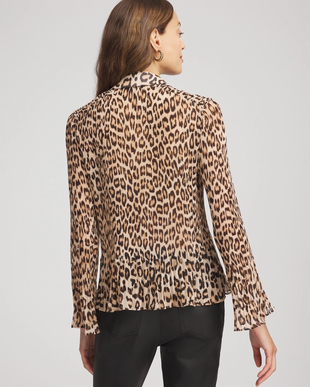 Chico's Animal-Print Pleated Georgette Blouse BLACK