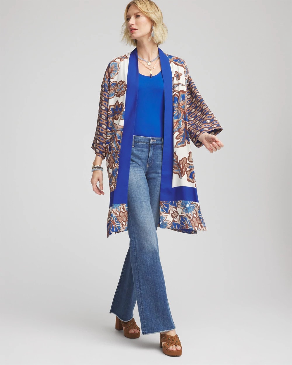 Chico's Crepe Long Printed Kimono ENGLISH CREAM