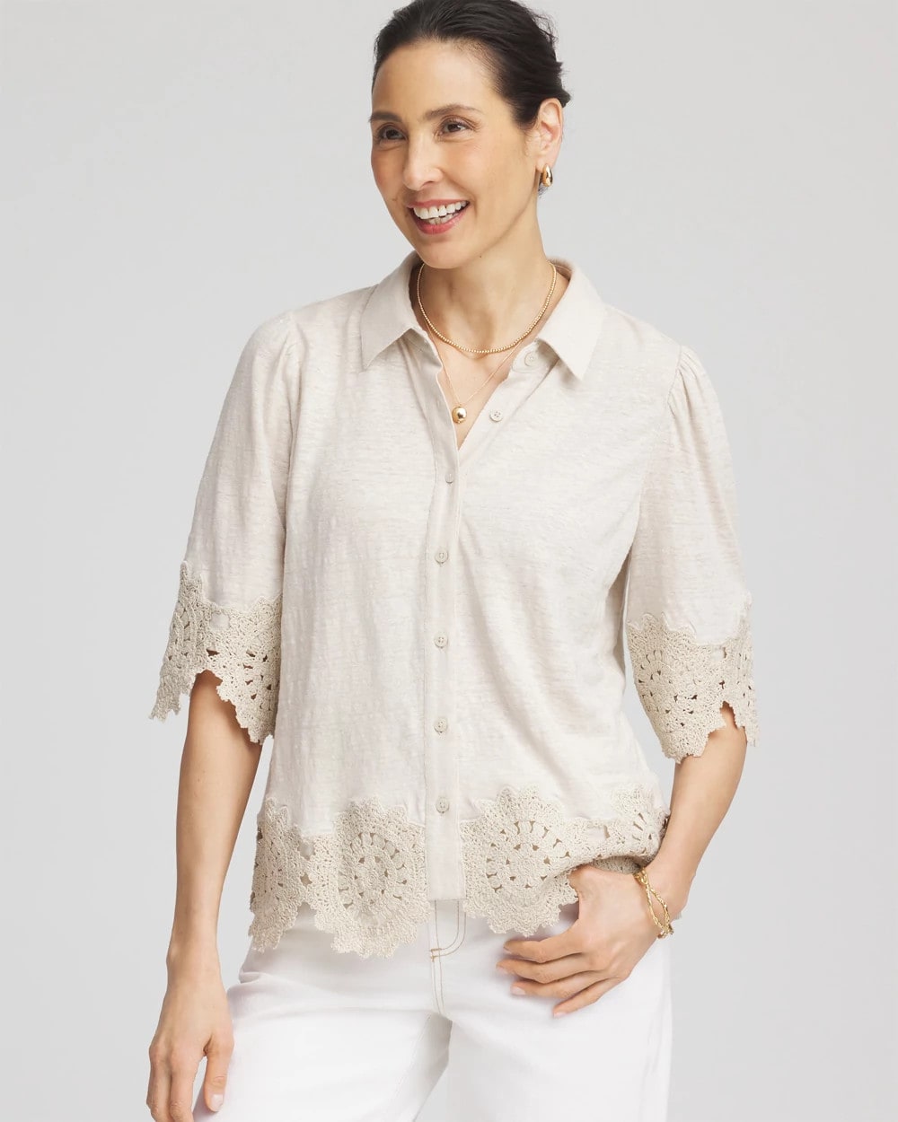 Chico's Crochet Trim Linen Shirt RIVER ROCK