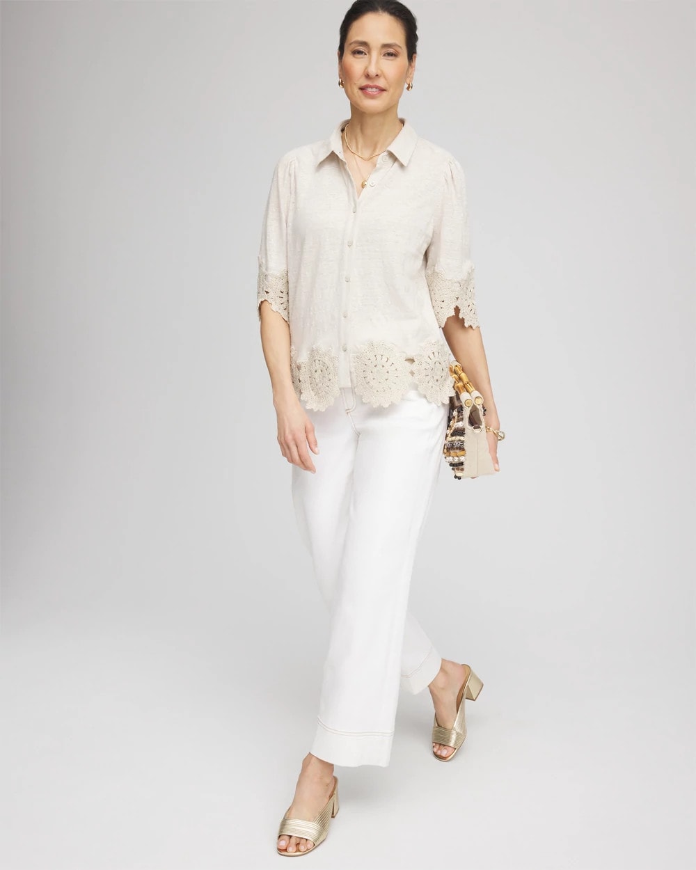 Chico's Crochet Trim Linen Shirt RIVER ROCK