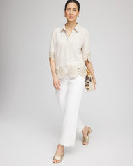 Chico's Crochet Trim Linen Shirt RIVER ROCK
