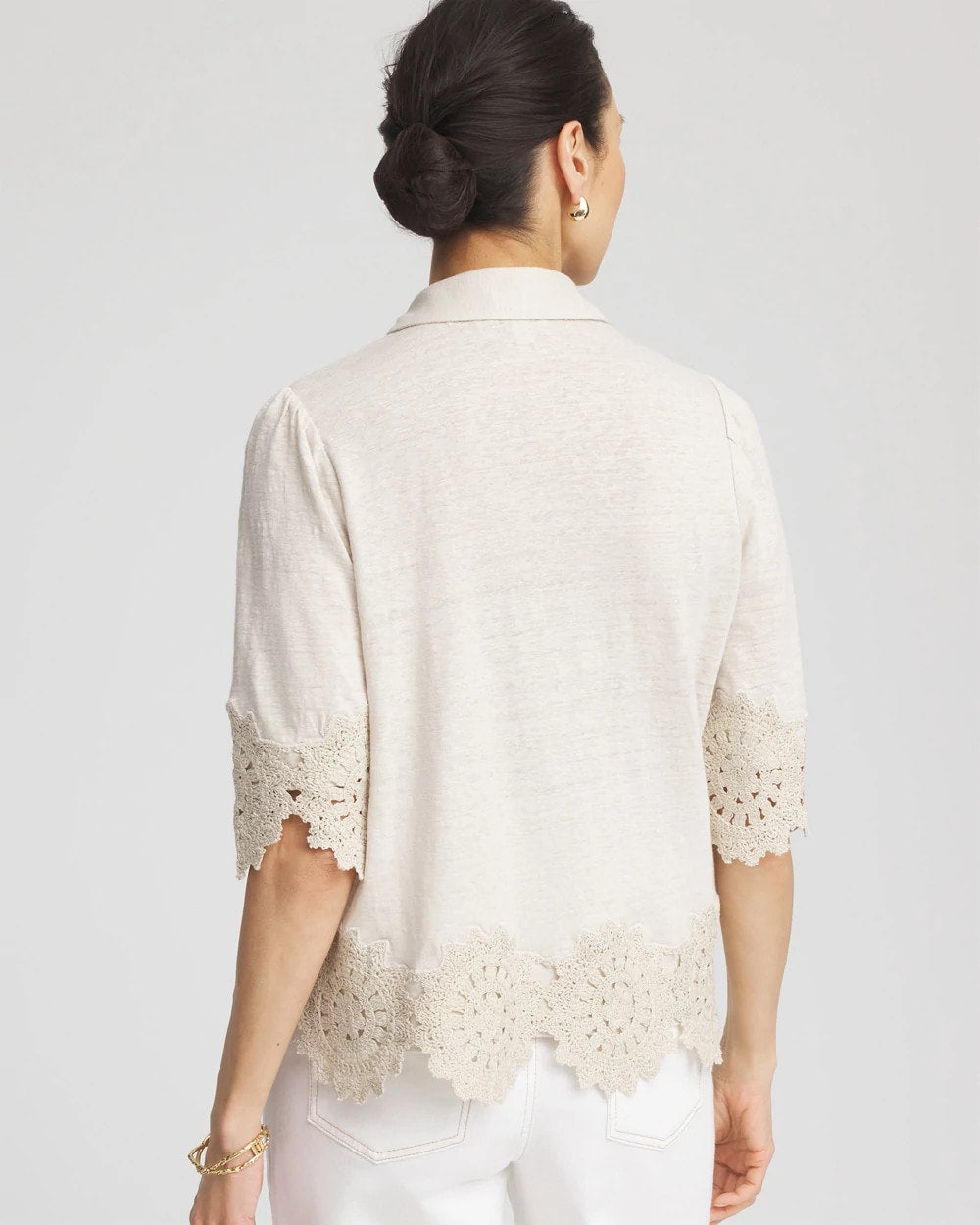 Chico's Crochet Trim Linen Shirt RIVER ROCK