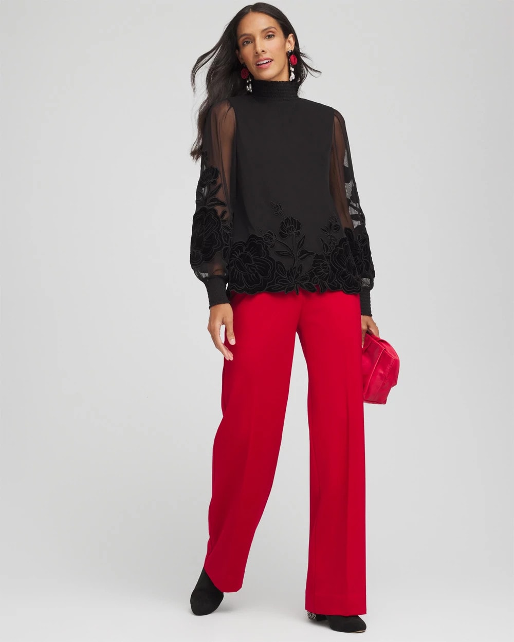 Chico's Sheer Mesh Velvet Appliqué Top BLACK
