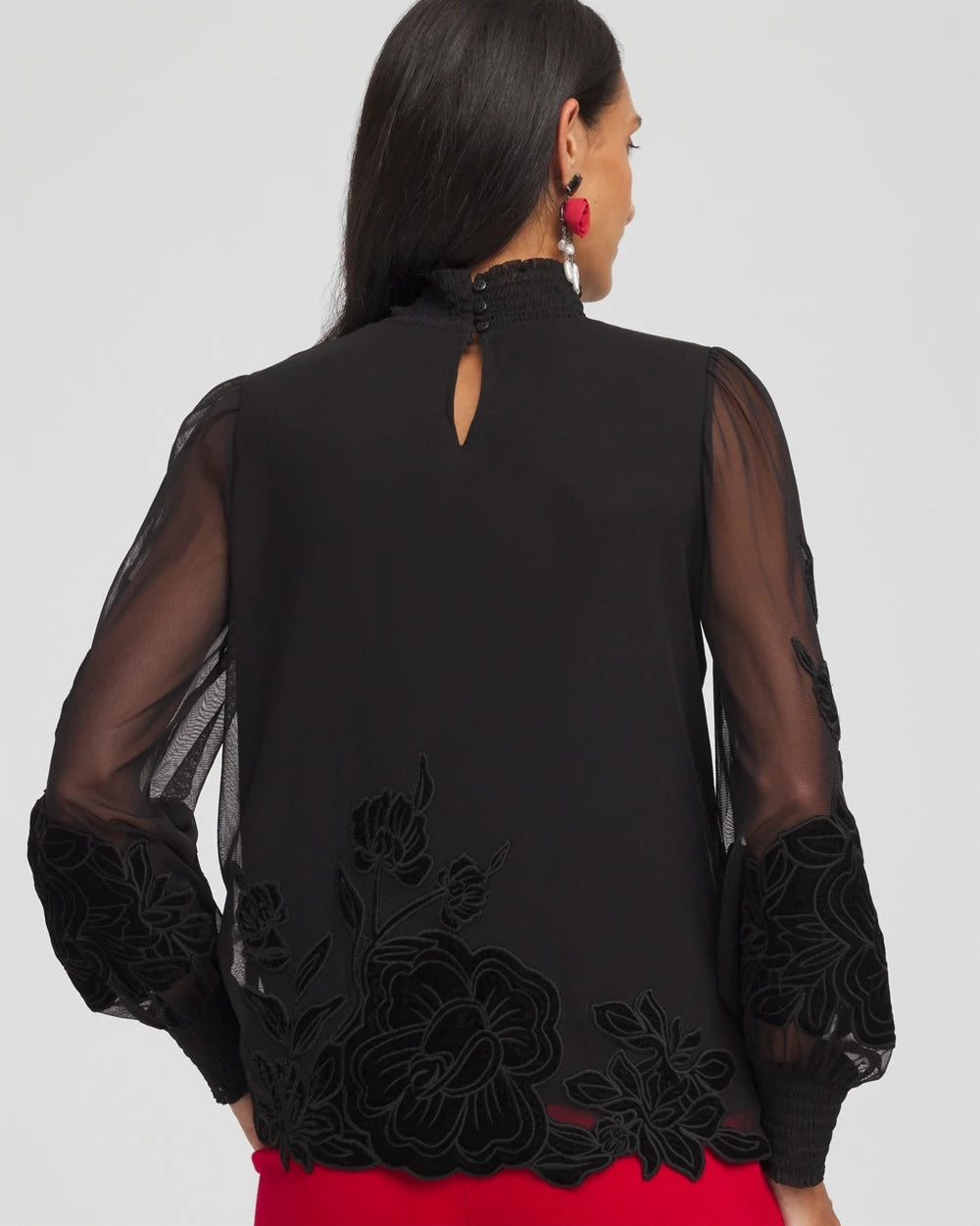 Chico's Sheer Mesh Velvet Appliqué Top BLACK