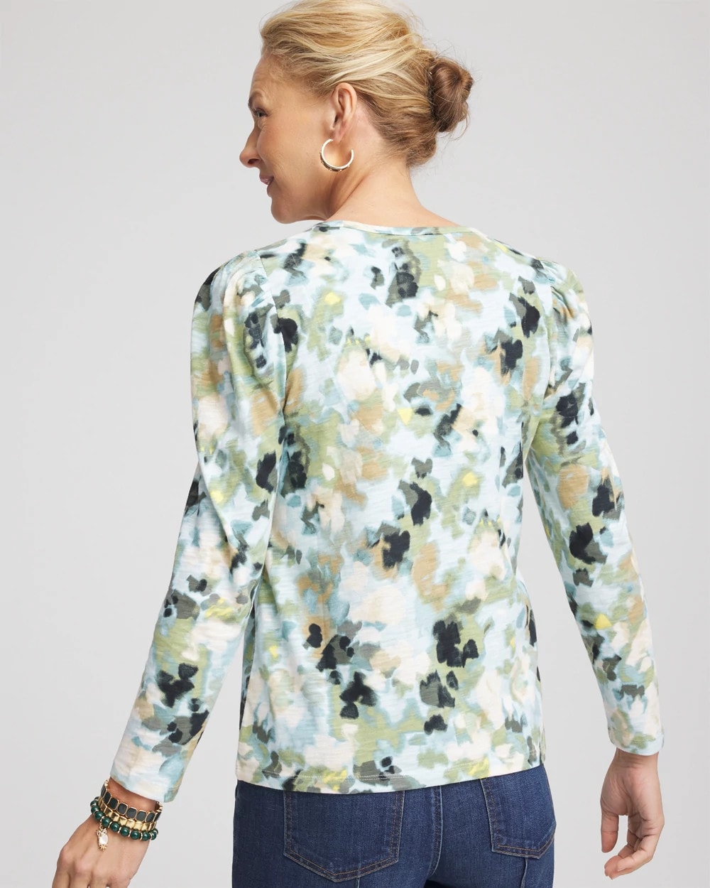Chico's Printed Slub Puff-Sleeve Tee BLUE MENTHE