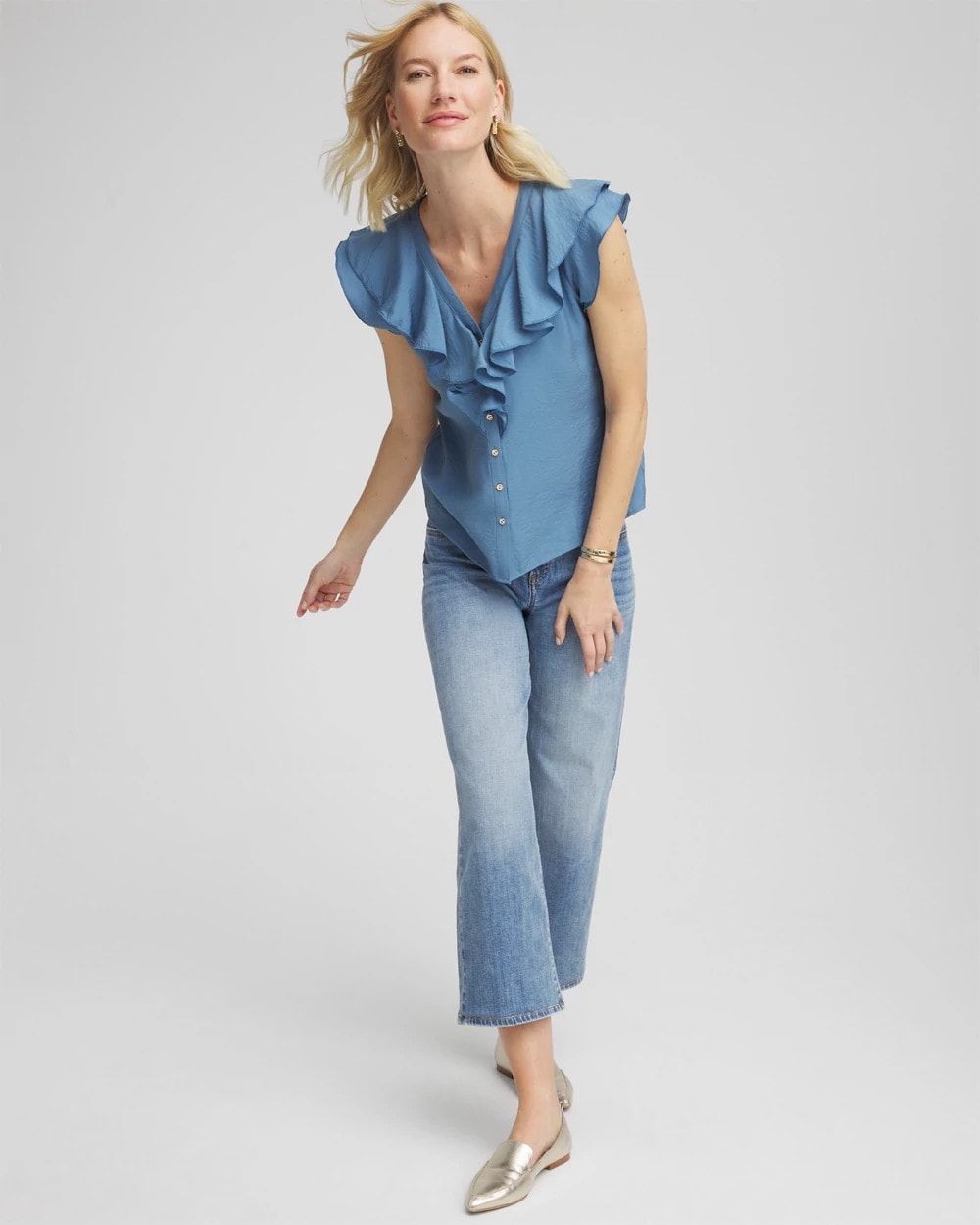 Chico's Crepe Ruffle-Trim Blouse BLUE LOTUS