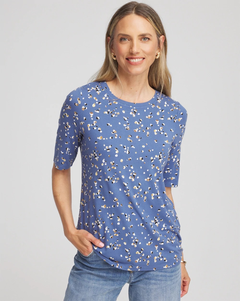 Chico's Printed Elbow Sleeve Tee BLUE LOTUS